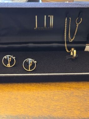 Dunhill Gold and Black Round Cufflinks with Tie Pin Set